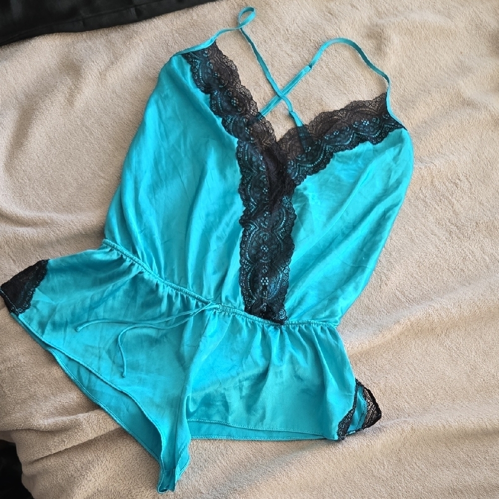 Victoria's Secret Turquoise Night Slip Romper with Black Lace Size S